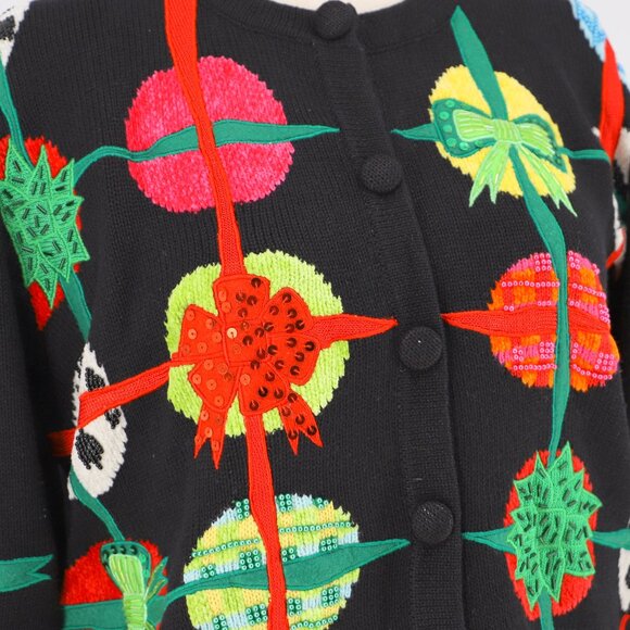 VINTAGE BEREK Sequin Beaded Holiday Ornament Knit Cardigan Sweater Size L - Picture 6 of 9